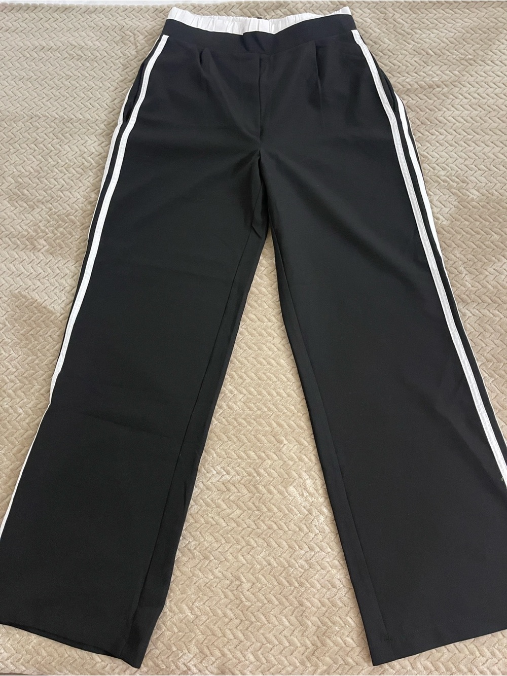 Black Wide-Leg Track Pants with White Side Stripes